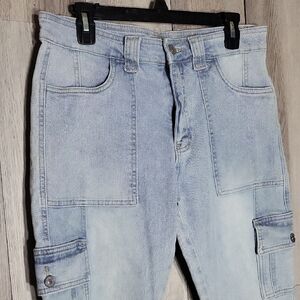 Kancan Womens 9 Winston High Rise Cargo Slim Straight Jeans Raw Hems Utility